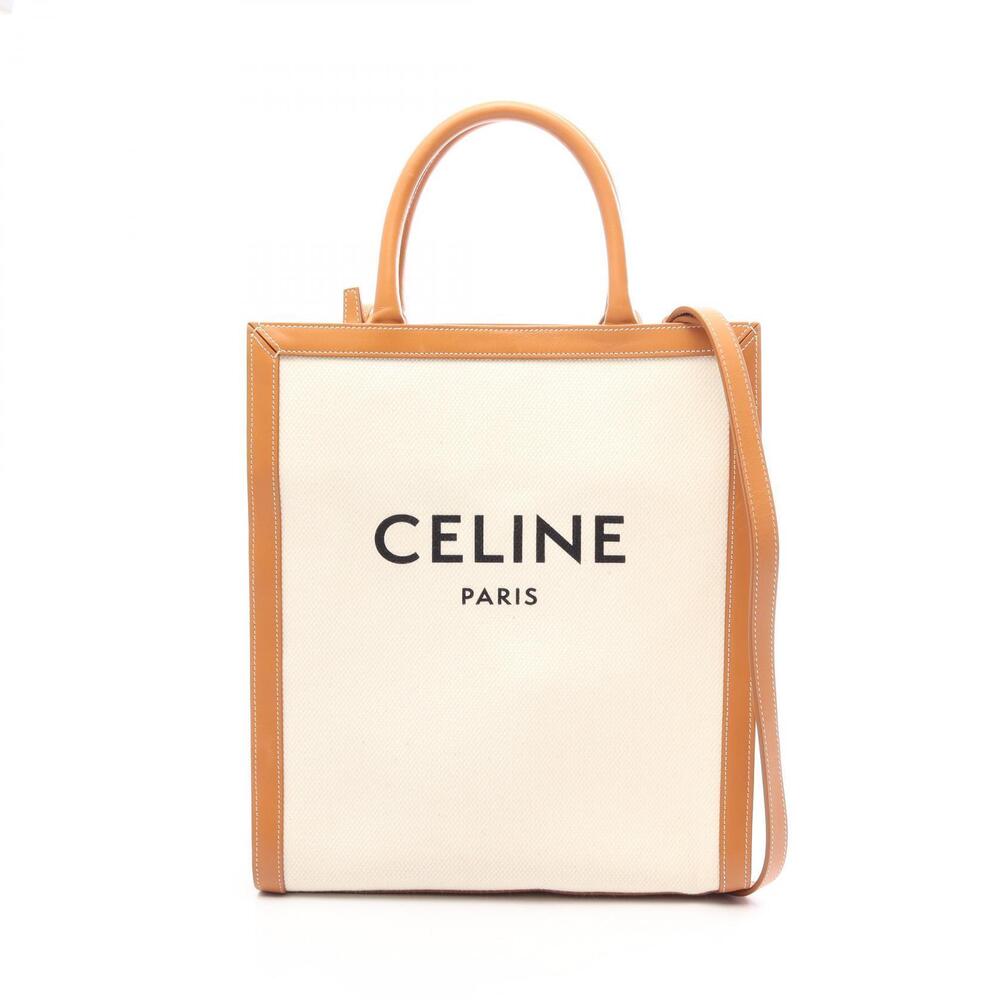 Celine Vertical Cabas Tote Bag Canvas Leather Ivory White Brown